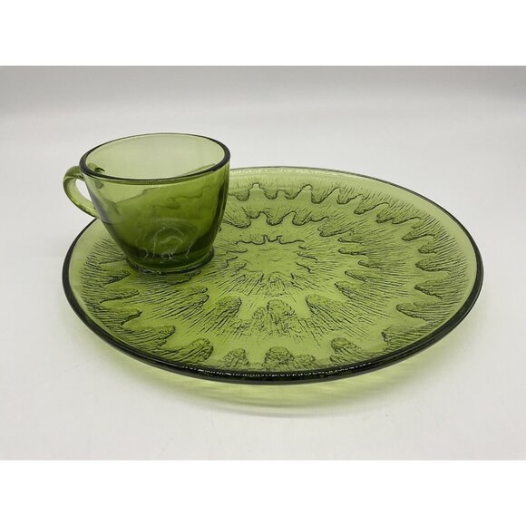 Vintage Sunburst Green by Indiana Glass Snack Plate & Cup Set Textured USA MCM - Picture 10 of 16